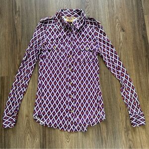 Tory Burch Womens 100% Silk Edie Button Up Blouse XS Purple Diamond Long Sleeve